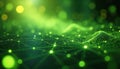 Glowing green network of interconnected nodes and lines on dark bokeh background. Abstract digital data flow represents artificial Royalty Free Stock Photo