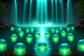 Glowing green orbs float on dark water in front of a luminous turquoise waterfall sphere Royalty Free Stock Photo