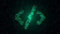 Glowing green pixelated code brackets symbol on a dark digital background representing programming coding technology. Developer Royalty Free Stock Photo