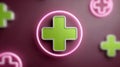 Glowing green plus sign inside pink neon circles on a purple background. Royalty Free Stock Photo