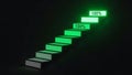 Glowing green progress bar steps ascend into darkness symbolizing achievement and successful completion of goals Royalty Free Stock Photo