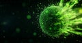 glowing green sphere with particles radiating outward, creating dynamic visual effect. This digital rendering showcases vibrant