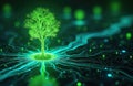 Glowing green tree grows from circuit board. Digital network connects life and tech. Eco friendly data flow. Sustainable growth Royalty Free Stock Photo