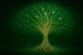 A glowing green tree with intertwined roots. Royalty Free Stock Photo