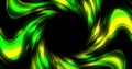 Glowing green and yellow swirl rotating and pulsating on black background