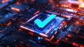A glowing grid background with a digital checkmark, symbolizing advanced tech. Royalty Free Stock Photo