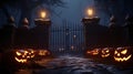 Glowing Guardians Jack O\' Lanterns at the Spooky Churchyard Gate. Halloween Background. created with Generative AI