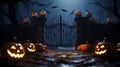 Glowing Guardians Jack O\' Lanterns at the Spooky Churchyard Gate. Halloween Background. created with Generative AI