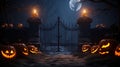 Glowing Guardians Jack O\' Lanterns at the Spooky Churchyard Gate. Halloween Background. created with Generative AI
