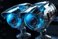 Glowing guardians, White glossy security cameras with hologram details, wide banner