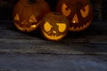 Glowing Halloween pumpkin heads jack lantern.