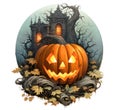 Glowing Halloween pumpkin sitting atop a pile of autumn leaves, with an eerie haunted house behind it, storybook style Royalty Free Stock Photo