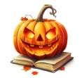 Glowing Halloween pumpkin on top of an open story book, concept image for eerie Halloween stories. Digital illustration isolated