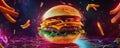 Glowing hamburger with fries in neon futuristic setting Royalty Free Stock Photo