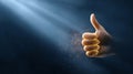A glowing hand with a thumbs up sign is shown in this image, which has rays of light shining down on it against a dark background. Royalty Free Stock Photo