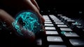 Glowing Hands on Keyboard with Digital Globe Symbolizing Connectivity, Technology, and Global Communication in a Dark Royalty Free Stock Photo