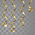 Glowing hanging curl serpentine. Golden yellow metallic color New Year Christmas decoration design element gold streamer Royalty Free Stock Photo