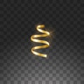 Glowing hanging curl serpentine. Golden yellow metallic color New Year Christmas decoration design element gold streamer Royalty Free Stock Photo