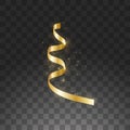 Glowing hanging curl serpentine. Golden yellow metallic color New Year Christmas decoration design element gold streamer Royalty Free Stock Photo