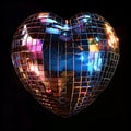 Vibrant Heart-Shaped Disco Ball Glowing in the Dark. Reflective Surface in a Club Setting. Perfect for Party Themes and Royalty Free Stock Photo