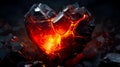 A glowing heart-shaped object amidst dark rocks, symbolizing hope in darkness. Concept of love that has endured hardship