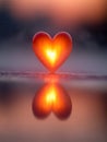 Glowing heart-shaped object illuminated by warm light reflecting on a smooth surface during a vibrant sunset with soft, blurred Royalty Free Stock Photo
