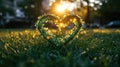 Glowing heart-shaped wreath on lush green grass with sunlight in background Royalty Free Stock Photo