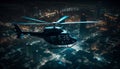 Glowing helicopter propeller illuminates cityscape during night airshow performance generated by AI