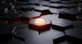 Glowing hexagonal network pattern with central illuminated element and dynamic lighting effects Royalty Free Stock Photo