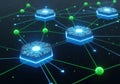 Glowing hexagonal nodes connected by green lines in a futuristic network visualization blue Royalty Free Stock Photo