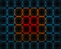 Glowing hexagonal pattern with red center and blue outer circles on dark background Royalty Free Stock Photo
