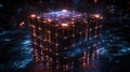 A glowing, high-tech cube floats in a dark, digital environment, illuminated by intricate neon lights.