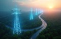 Glowing high-voltage power grid structures wind through a dense forest landscape beside a highway at sunset. Blue illuminated Royalty Free Stock Photo