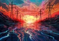 High voltage power lines and pylons at sunset. Vector illustration., generative ai Royalty Free Stock Photo