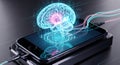 Futuristic digital brain interface connecting to a smartphone for advanced ai technology Royalty Free Stock Photo