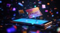Glowing holographic e ticket floating above smartphone with colorful confetti