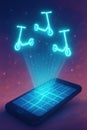 A glowing holographic illustration of electric scooters projected from smartphone screen symbolizing app based mobility and Royalty Free Stock Photo