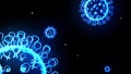 Blue glowing holographic image of coronavirus like covid-19 virus or influenza virus flies in air or isolated on black