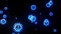 Glowing holographic image of coronavirus like covid-19 virus or influenza virus flies in air or float on black