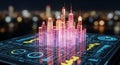 Futuristic Holographic Cityscape Displayed on Digital Interface with Data Visualizations technology hologram Royalty Free Stock Photo
