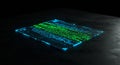 Glowing holographic screen displaying green and blue text. The screen appears as a Royalty Free Stock Photo