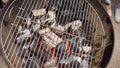 Glowing Hot Charcoal In BBQ Grill Pit With Flames, Close-up. Burning coals close up Royalty Free Stock Photo