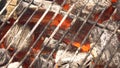 Glowing Hot Charcoal In BBQ Grill Pit With Flames, Close-up. Burning coals close up Royalty Free Stock Photo