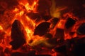 Glowing hot charcoal briquettes close-up background texture. bonfire Royalty Free Stock Photo