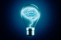 Glowing human brain cortex in a lightbulb on a blue background. 3d rendering illustration. Idea, intelligence or intellect,