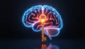 Glowing human brain features large golden key. Represents unlocking creativity, smart ideas, knowledge. Intelligence, Royalty Free Stock Photo