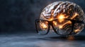 Glowing human brain with glasses symbolizes intelligence, knowledge, and innovation in a futuristic digital environment Royalty Free Stock Photo
