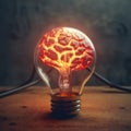 Glowing human brain with left and right cerebral inside the electric light bulb, Brainstorming, Creative Idea concept, AI