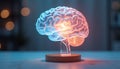 Glowing Human Brain Model with Blue and Red Lights on Wooden Stand Under Soft Lighting Artificial Intelligence Learning Concept in Royalty Free Stock Photo