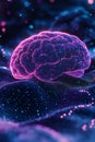 Glowing Human Brain in Synthwave Colors Representation of Art, Science, and Memory Enhancement.